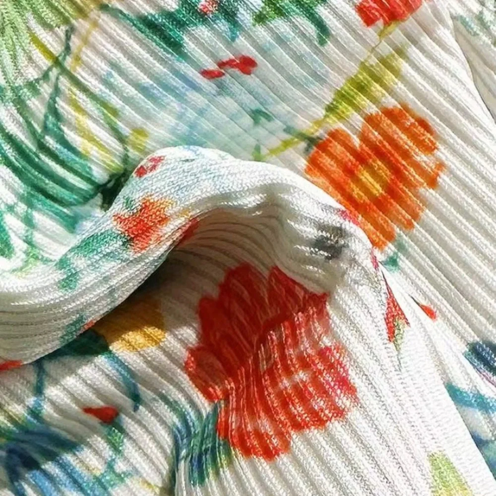 Floral Ribbed Bikini Top & Bottom Set - White with Multicolor Floral Print